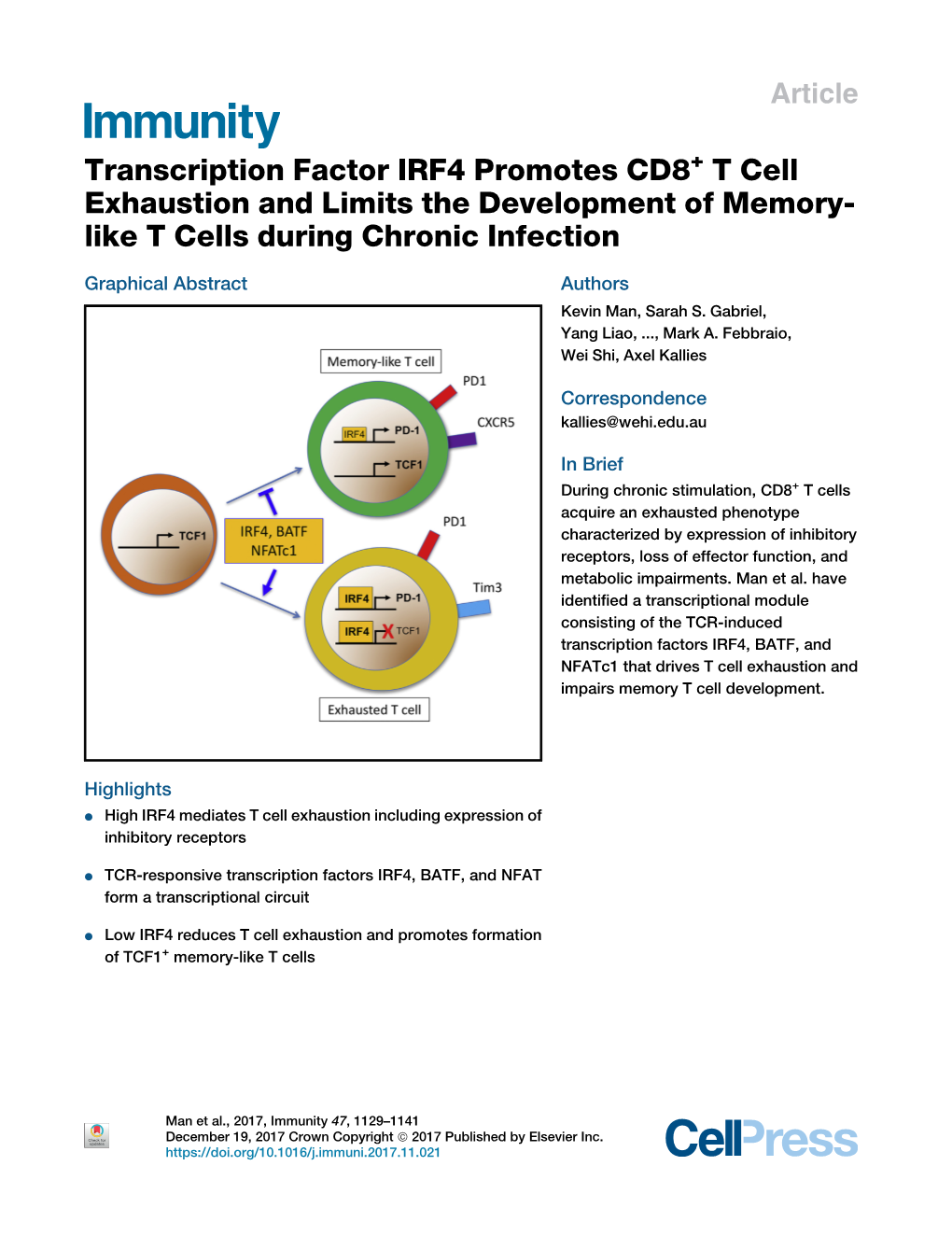 Transcription Factor IRF4 Promotes CD8 T Cell Exhaustion and Limits