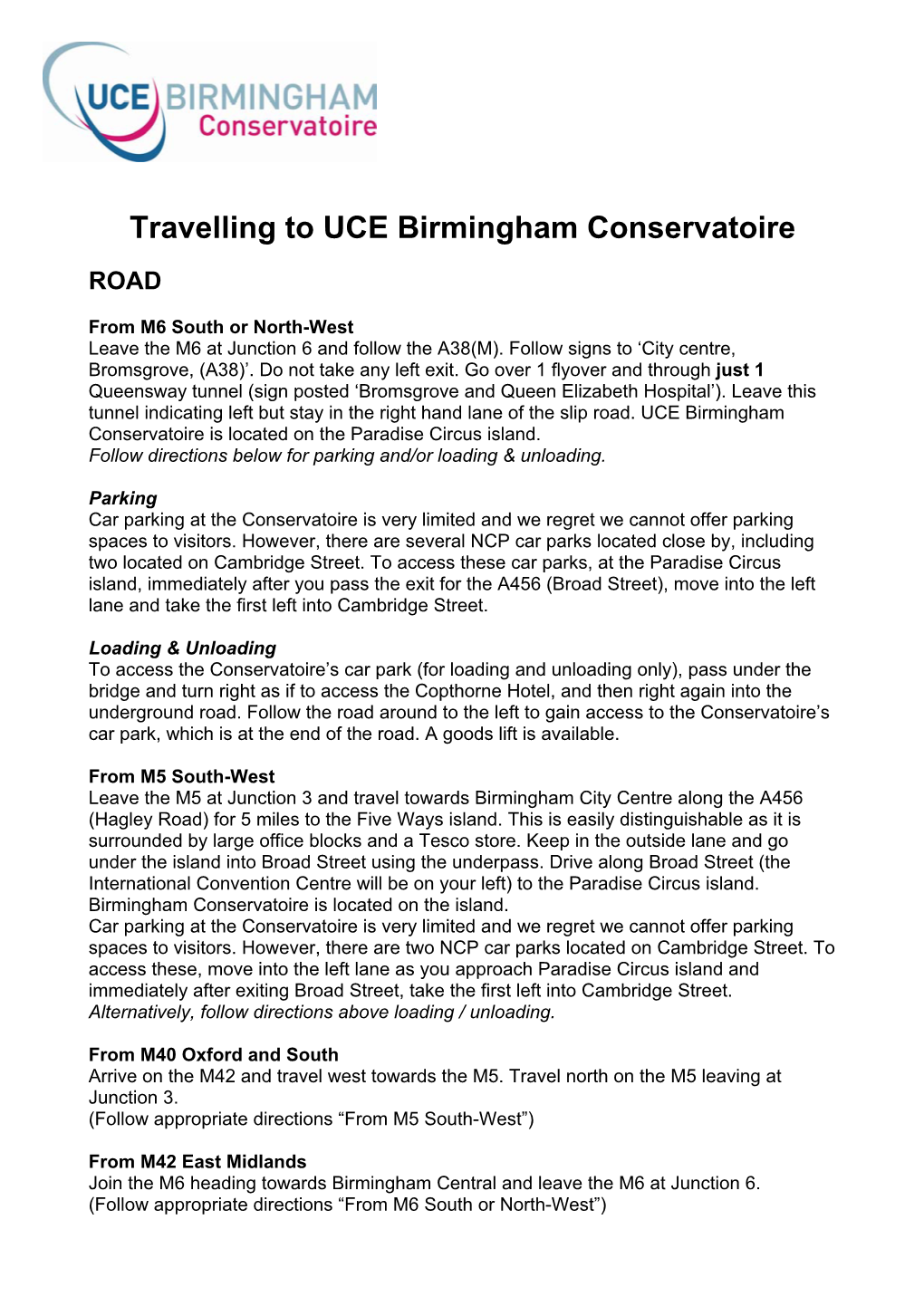 Travelling to UCE Birmingham Conservatoire