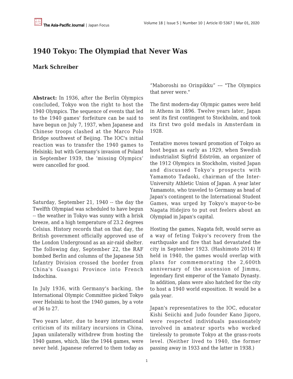 1940 Tokyo: the Olympiad That Never Was