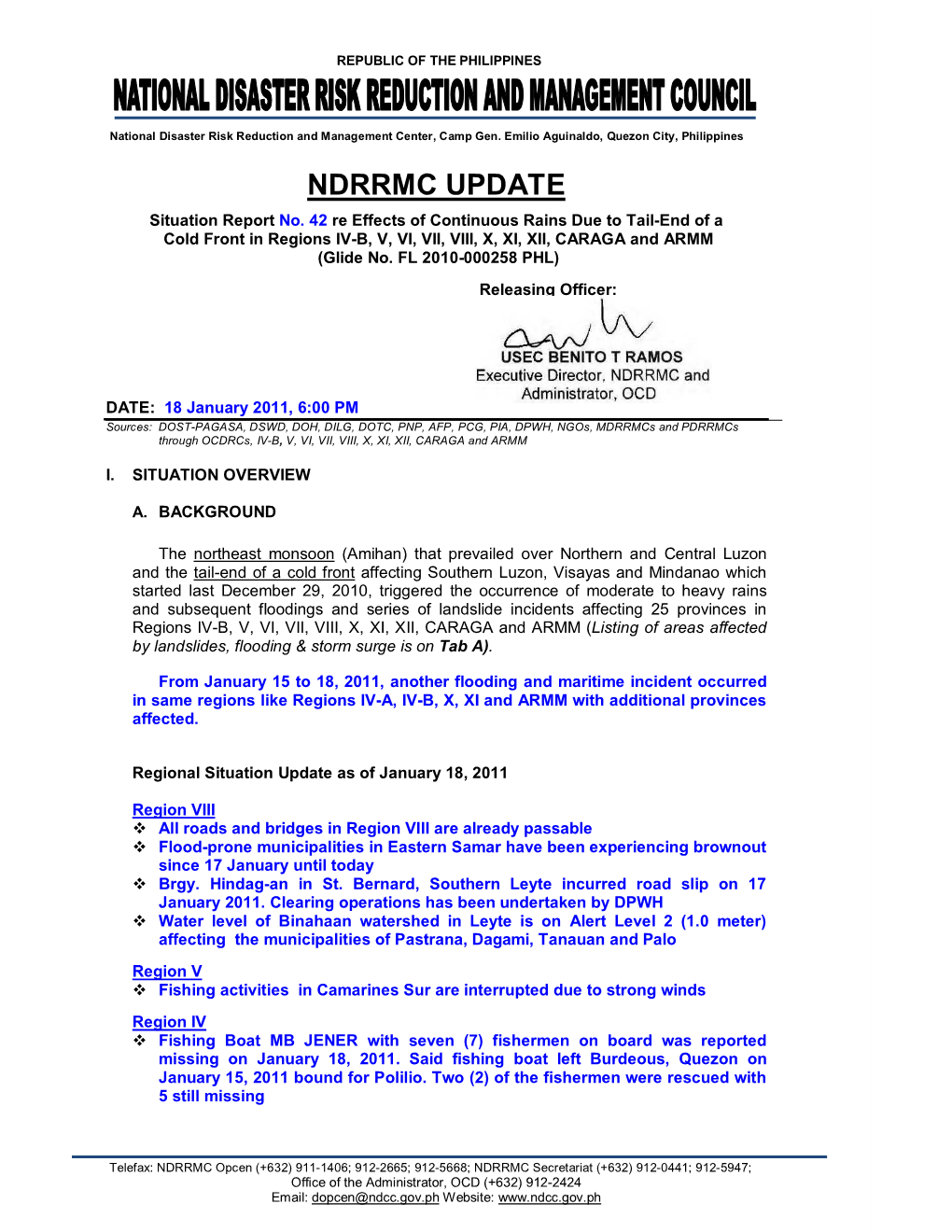 NDRRMC Update Sitrep No. 42 Flooding & Landslides 18Jan2011