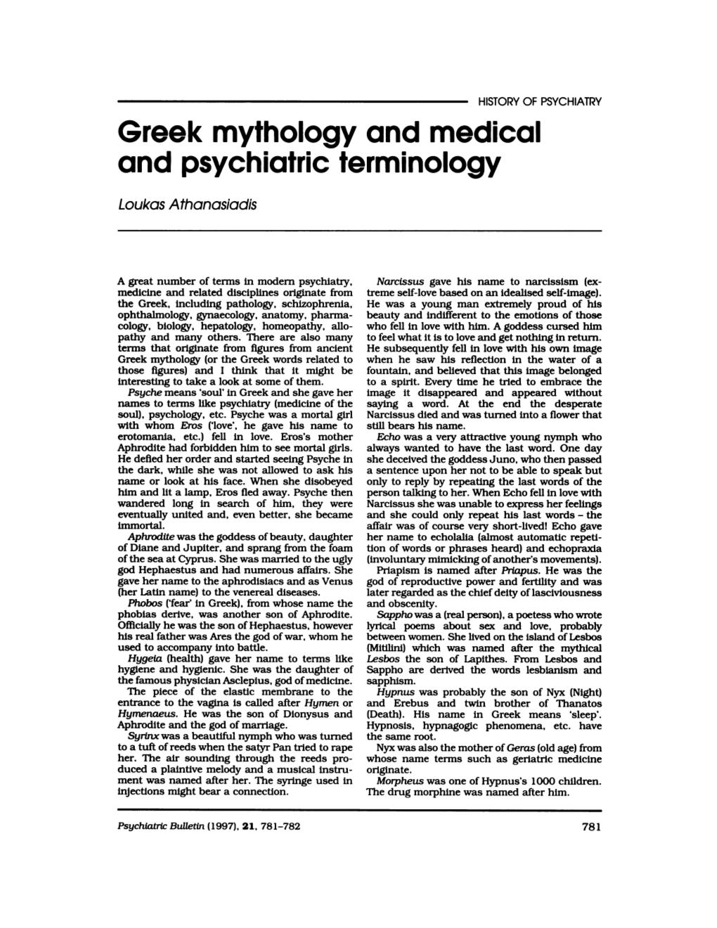 Greek Mythology and Medical and Psychiatric Terminology