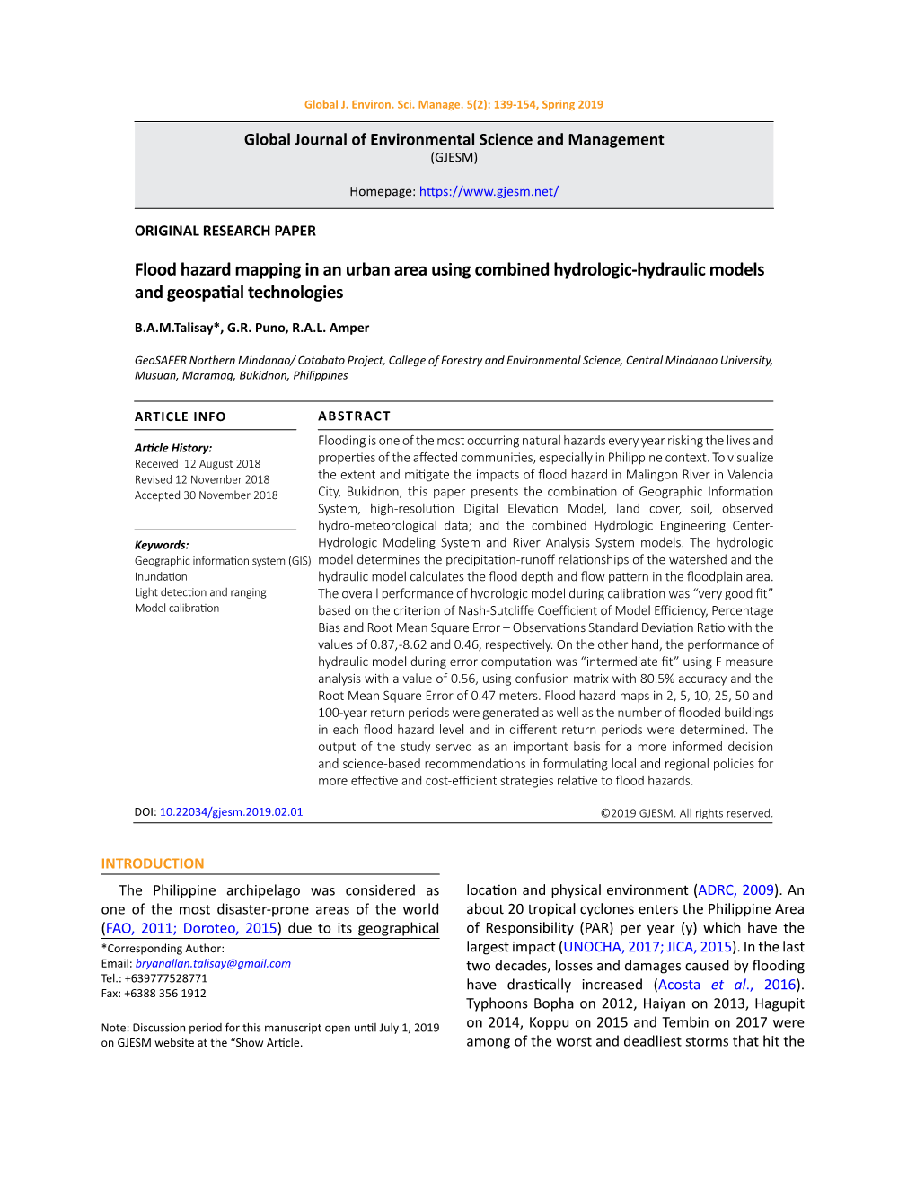 Flood Hazard Mapping in an Urban Area Using Combined Hydrologic-Hydraulic Models and Geospatial Technologies