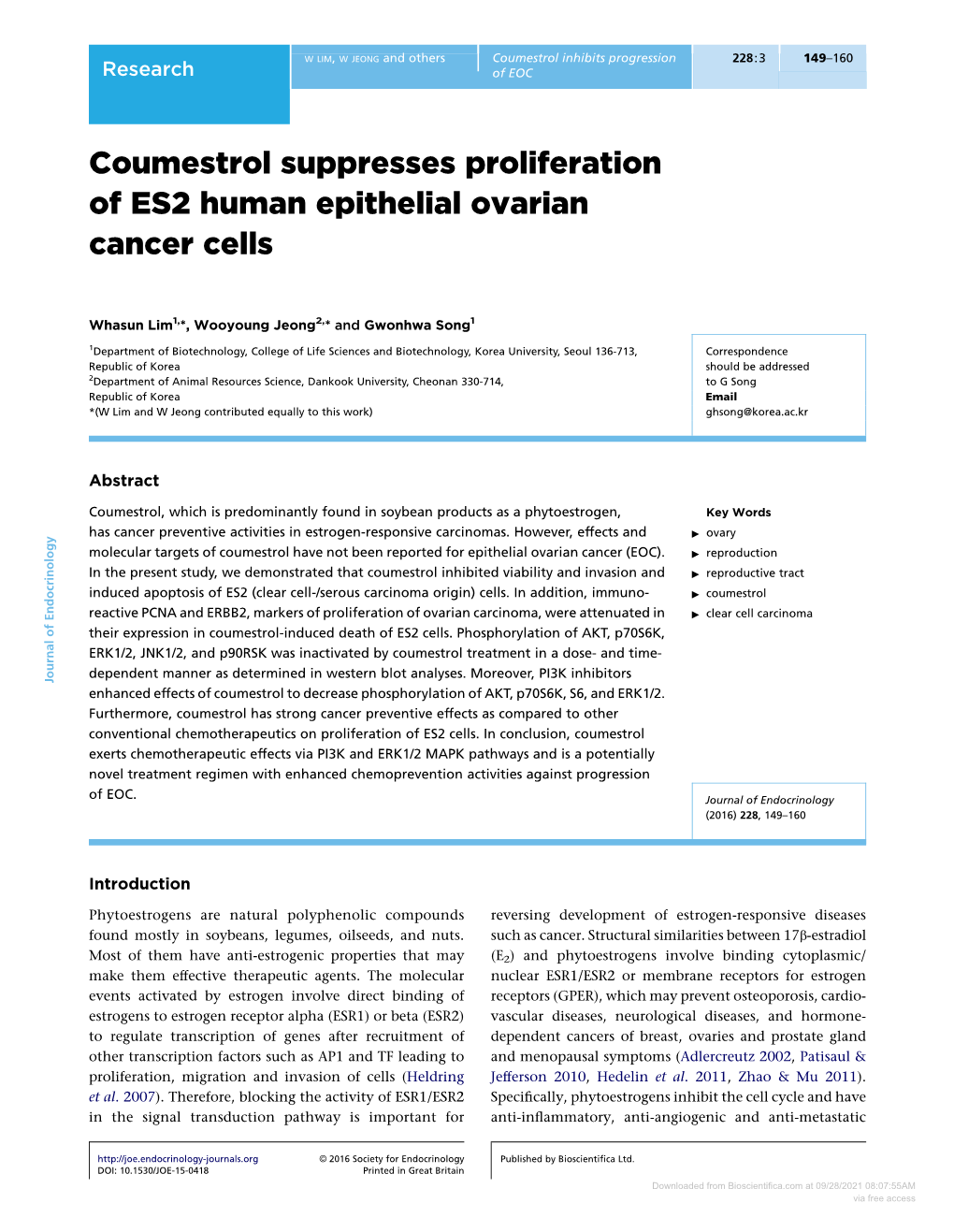 Coumestrol Suppresses Proliferation of ES2 Human Epithelial Ovarian Cancer Cells