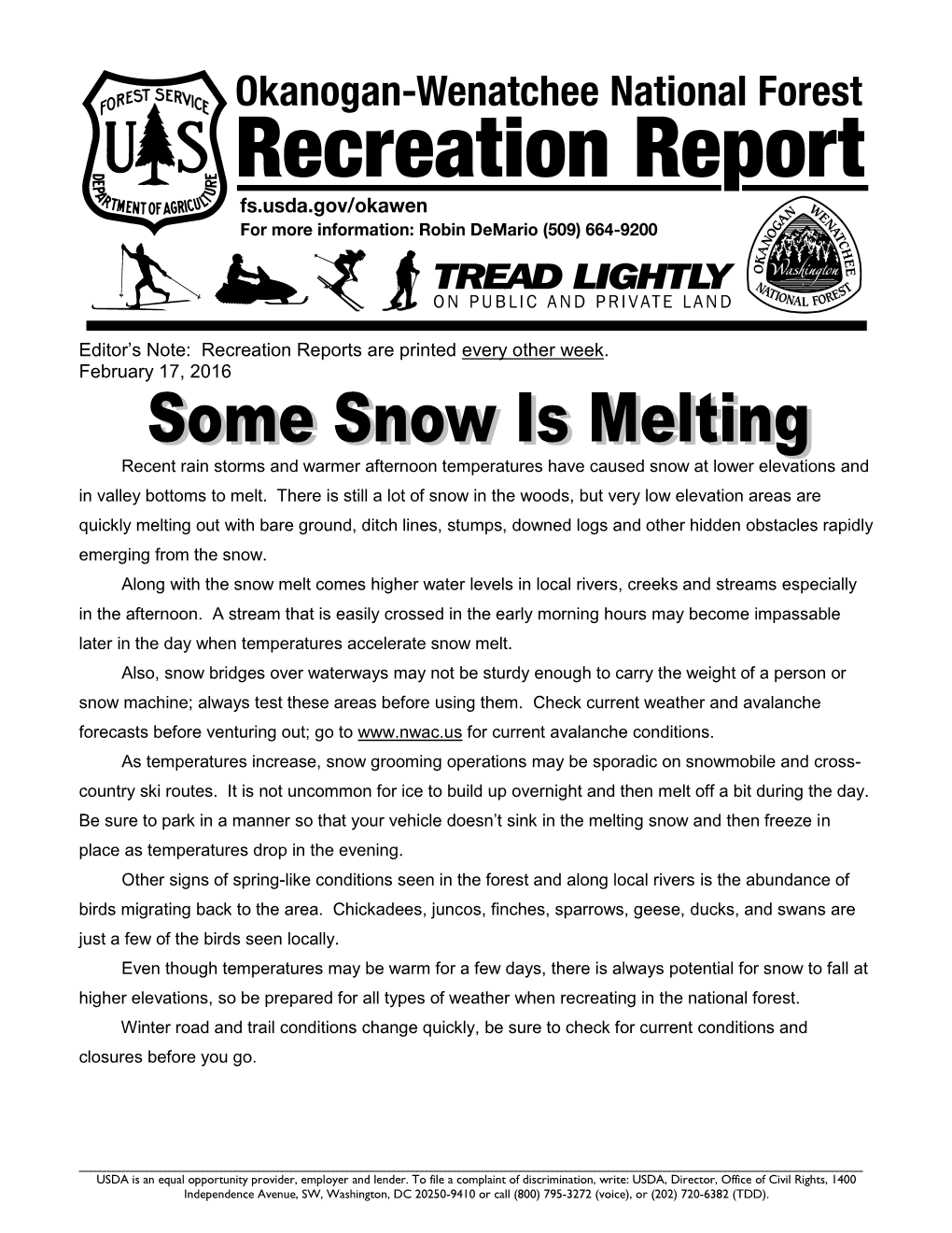 Recreation Reports Are Printed Every Other Week. February 17, 2016