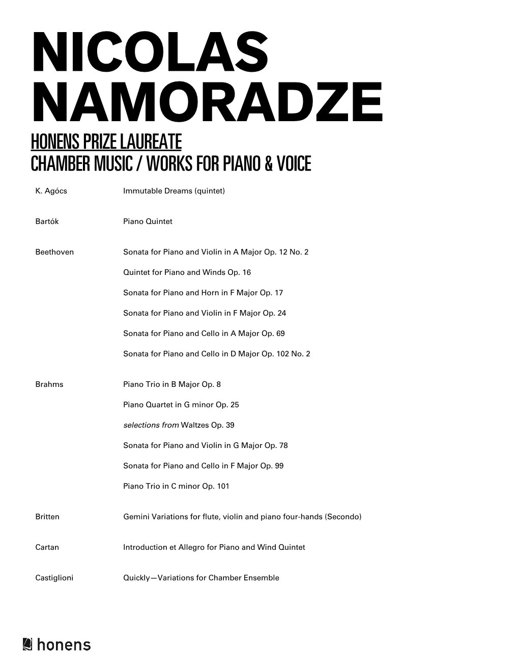 Nicolas Namoradze Honens Prize Laureate Chamber Music / Works for Piano & Voice