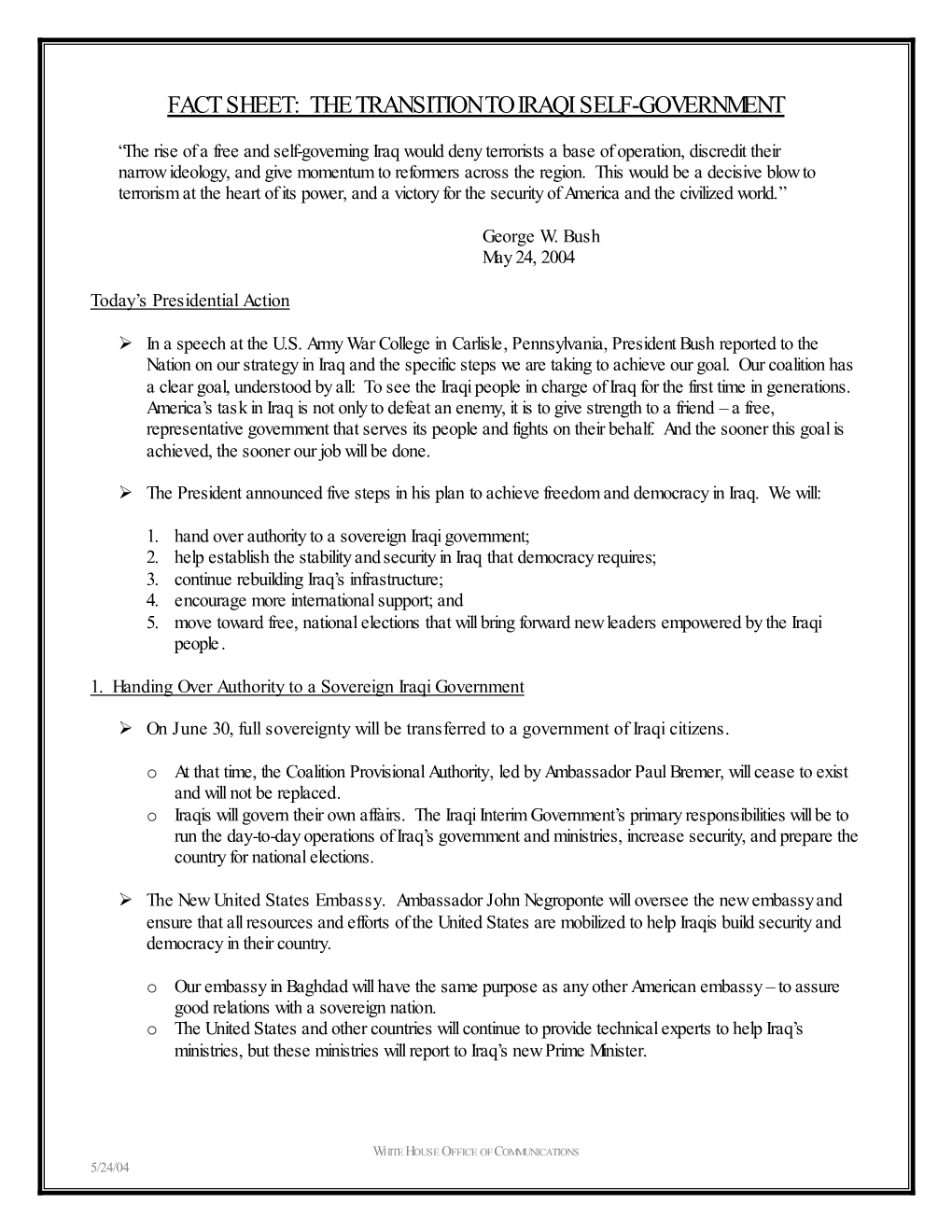 FACT SHEET the Transition to Iraqi Self-Government