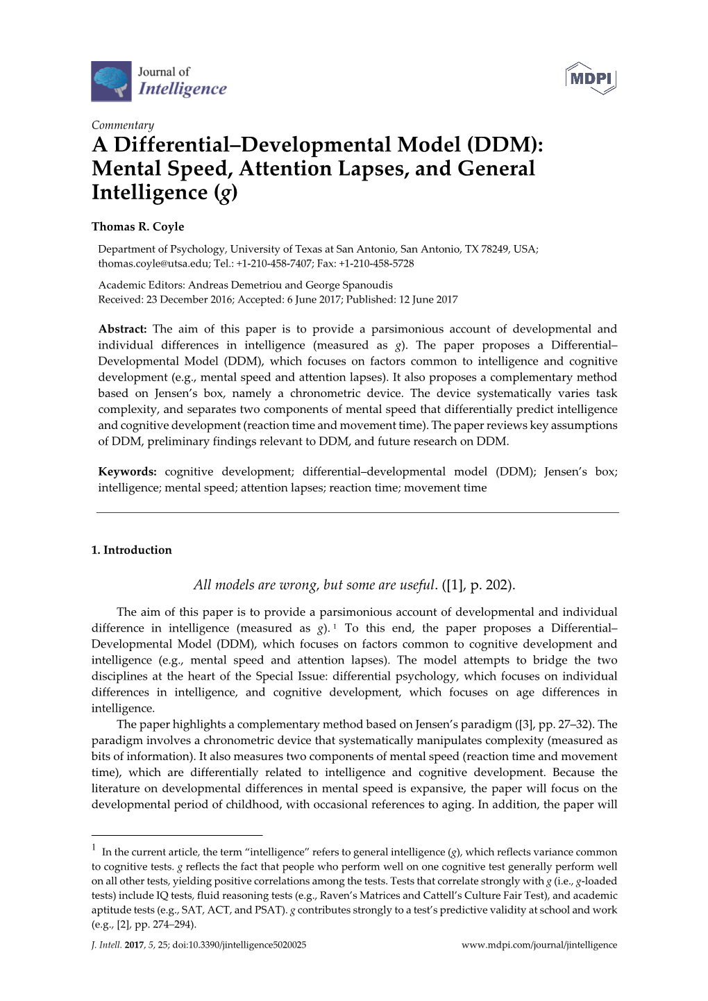 A Differential–Developmental Model (DDM): Mental Speed, Attention Lapses, and General Intelligence (G)