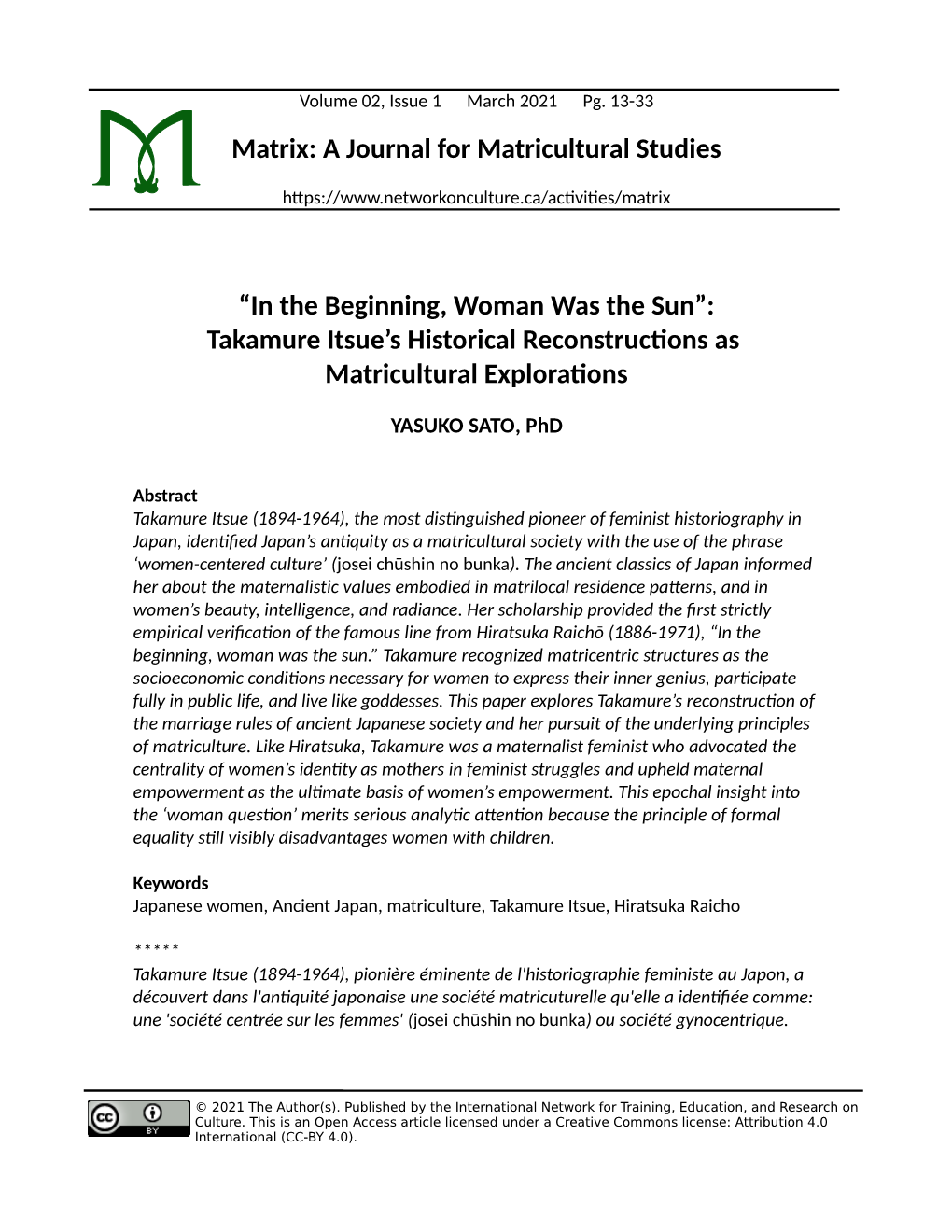 Matrix: a Journal for Matricultural Studies “In the Beginning, Woman