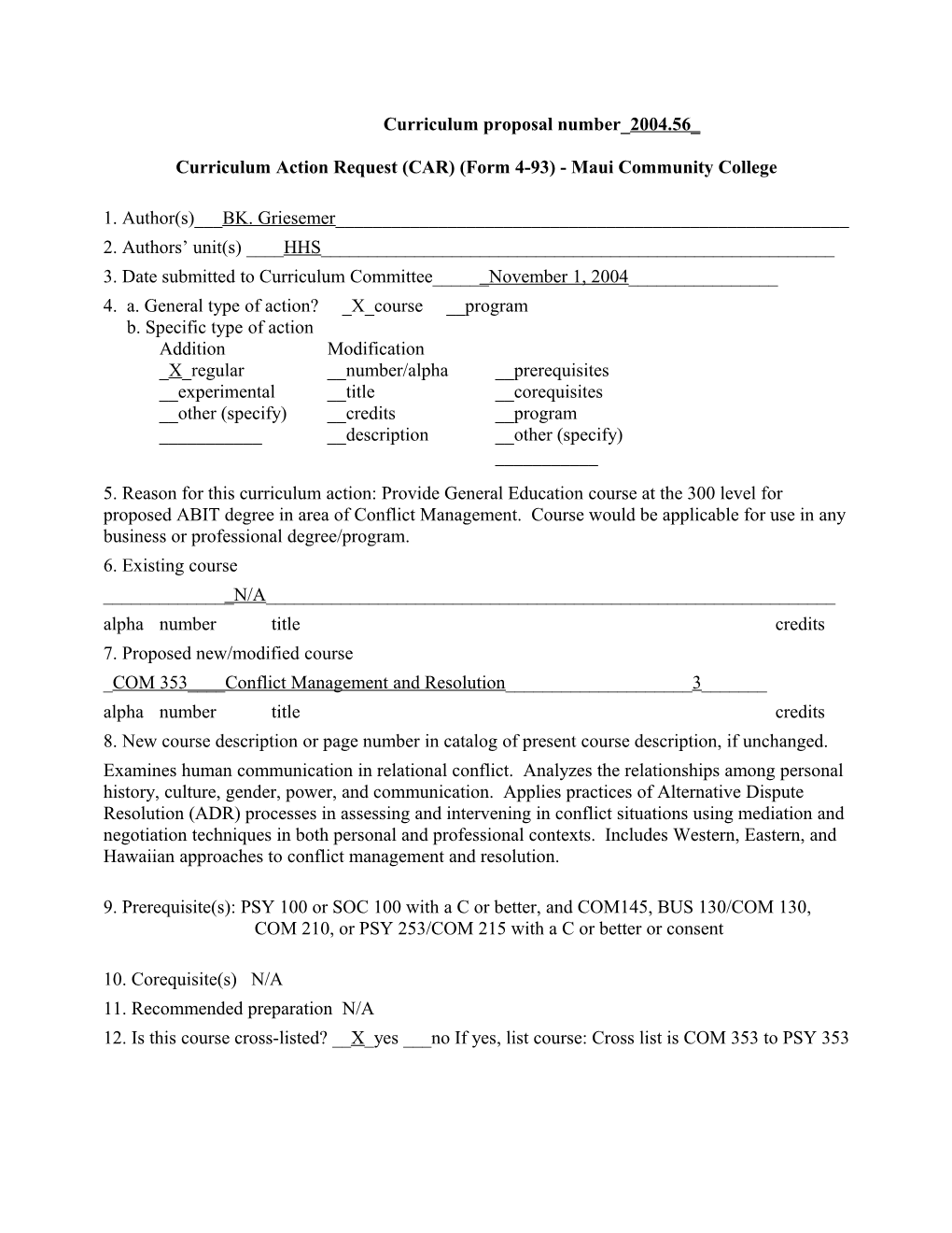 Curriculum Proposal Number 2004