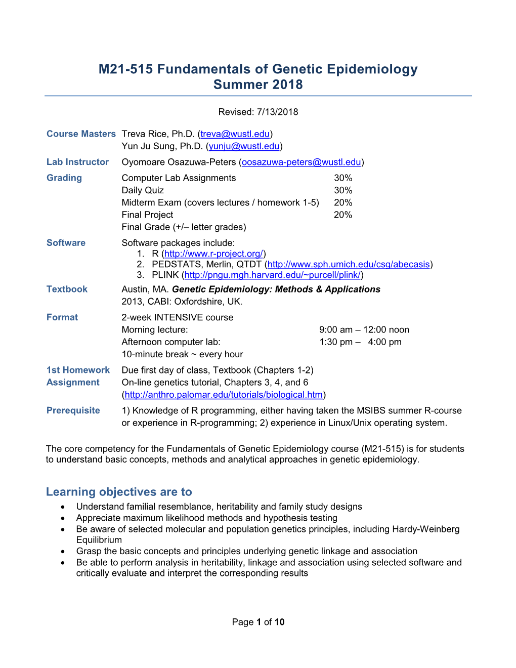 M21-515 Fundamentals of Genetic Epidemiology Summer 2018