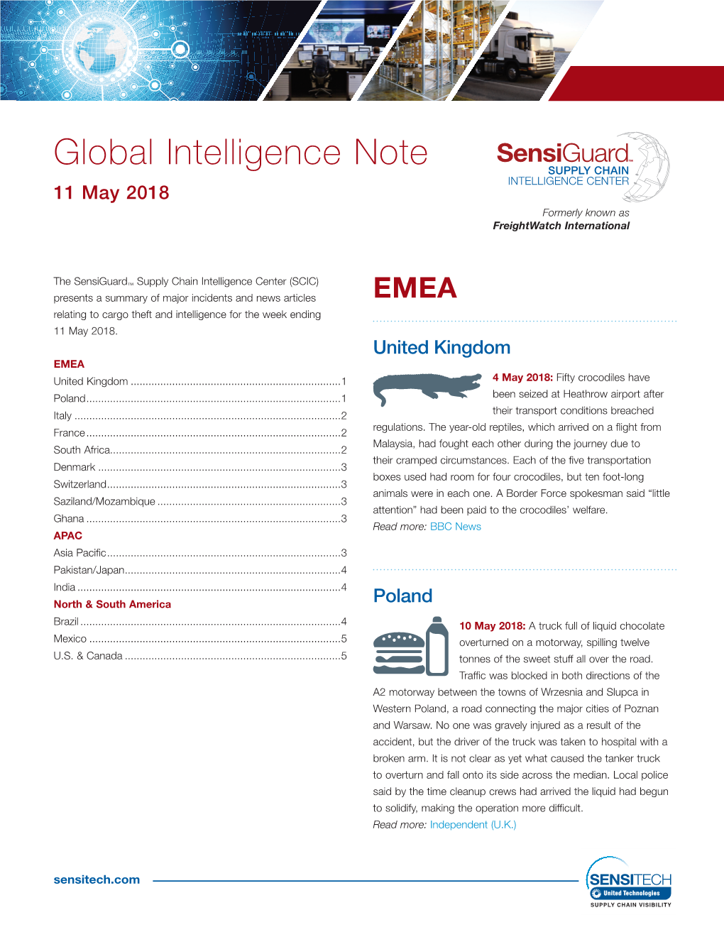 Global Intelligence Note SUPPLY CHAIN INTELLIGENCE CENTER 11 May 2018 Formerly Known As Freightwatch International