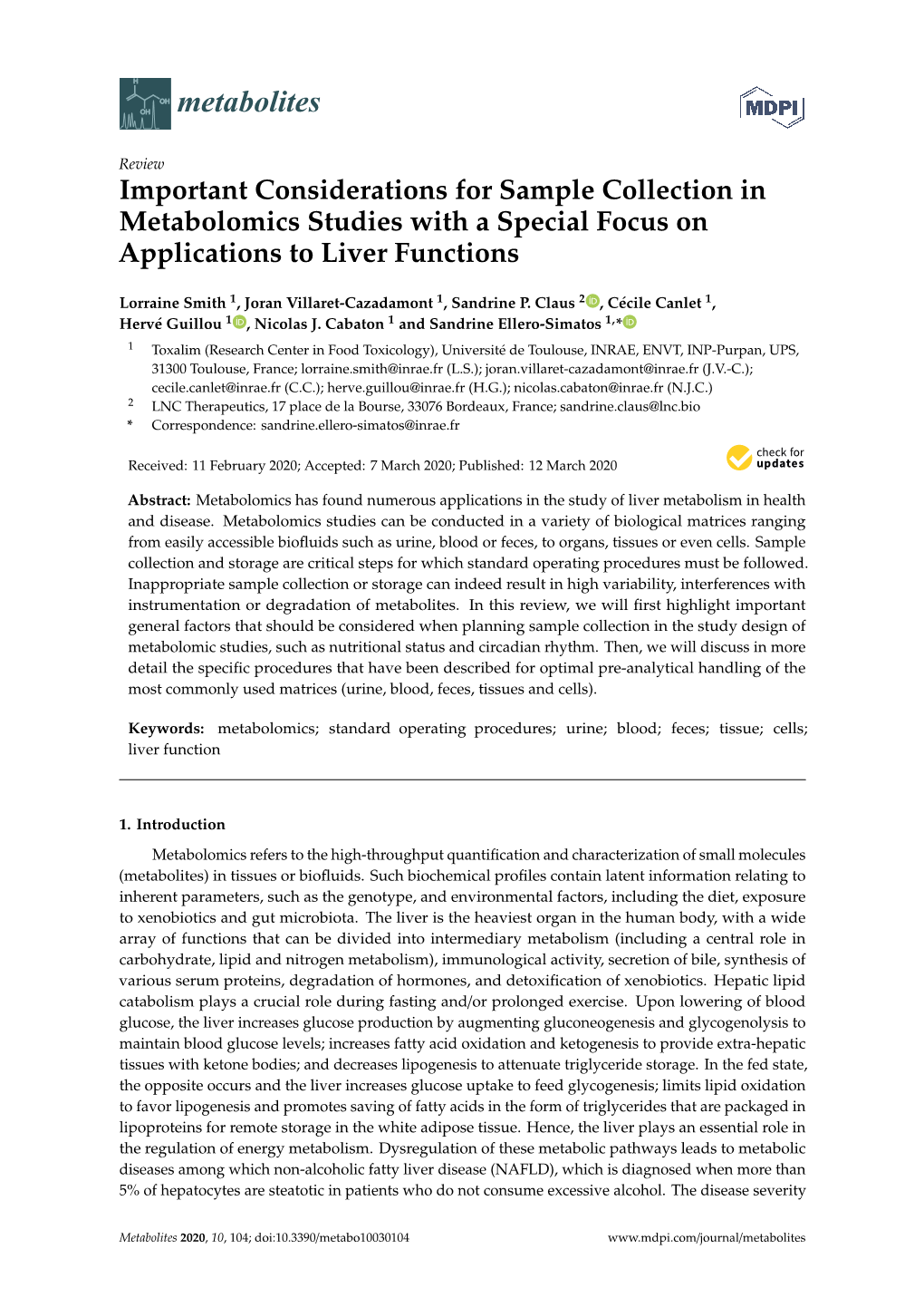 Important Considerations for Sample Collection in Metabolomics Studies with a Special Focus on Applications to Liver Functions