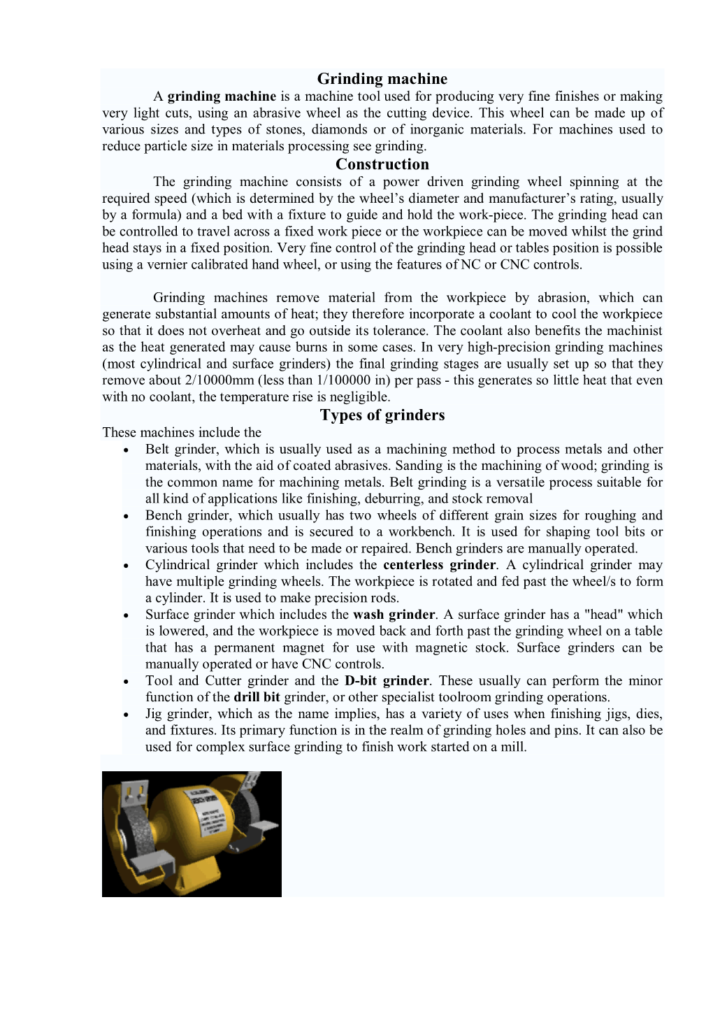 Grinding Machine Construction Types of Grinders