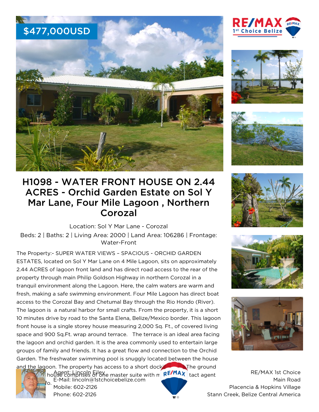 H1098 - WATER FRONT HOUSE on 2.44 ACRES - Orchid Garden Estate on Sol Y Mar Lane, Four Mile Lagoon , Northern Corozal