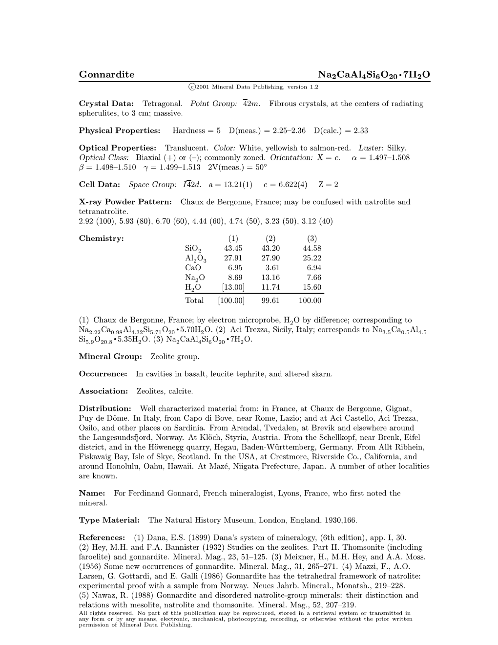 Gonnardite Na2caal4si6o20 ² 7H2O C 2001 Mineral Data Publishing, Version 1.2 ° Crystal Data: Tetragonal