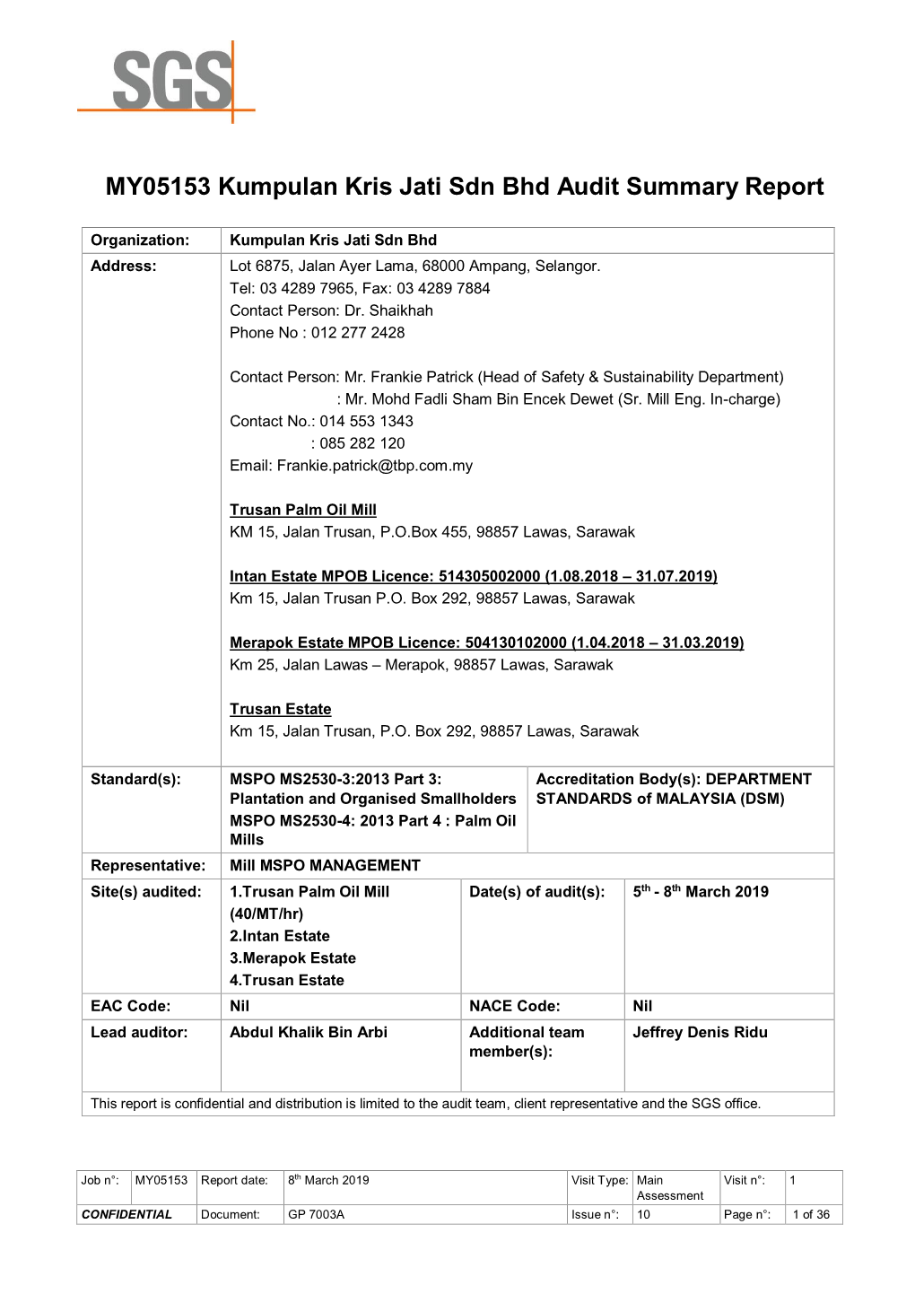 MY05153 Kumpulan Kris Jati Sdn Bhd Audit Summary Report