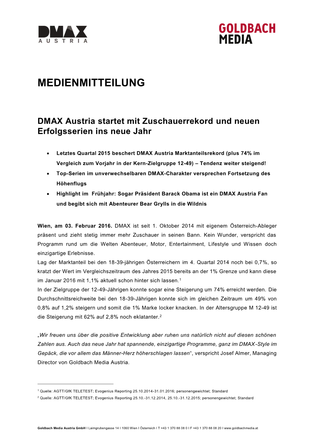 MEDIENMITTEILUNG DMAX Austria Startet Mit