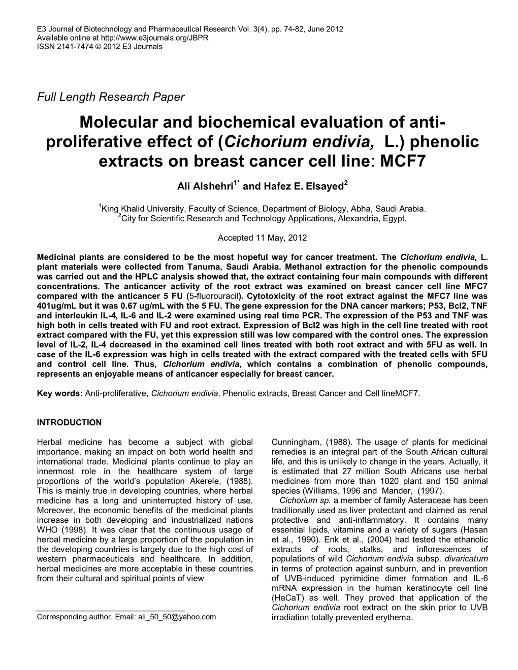 (Cichorium Endivia, L.) Phenolic Extracts on Breast Cancer Cell Line: MCF7