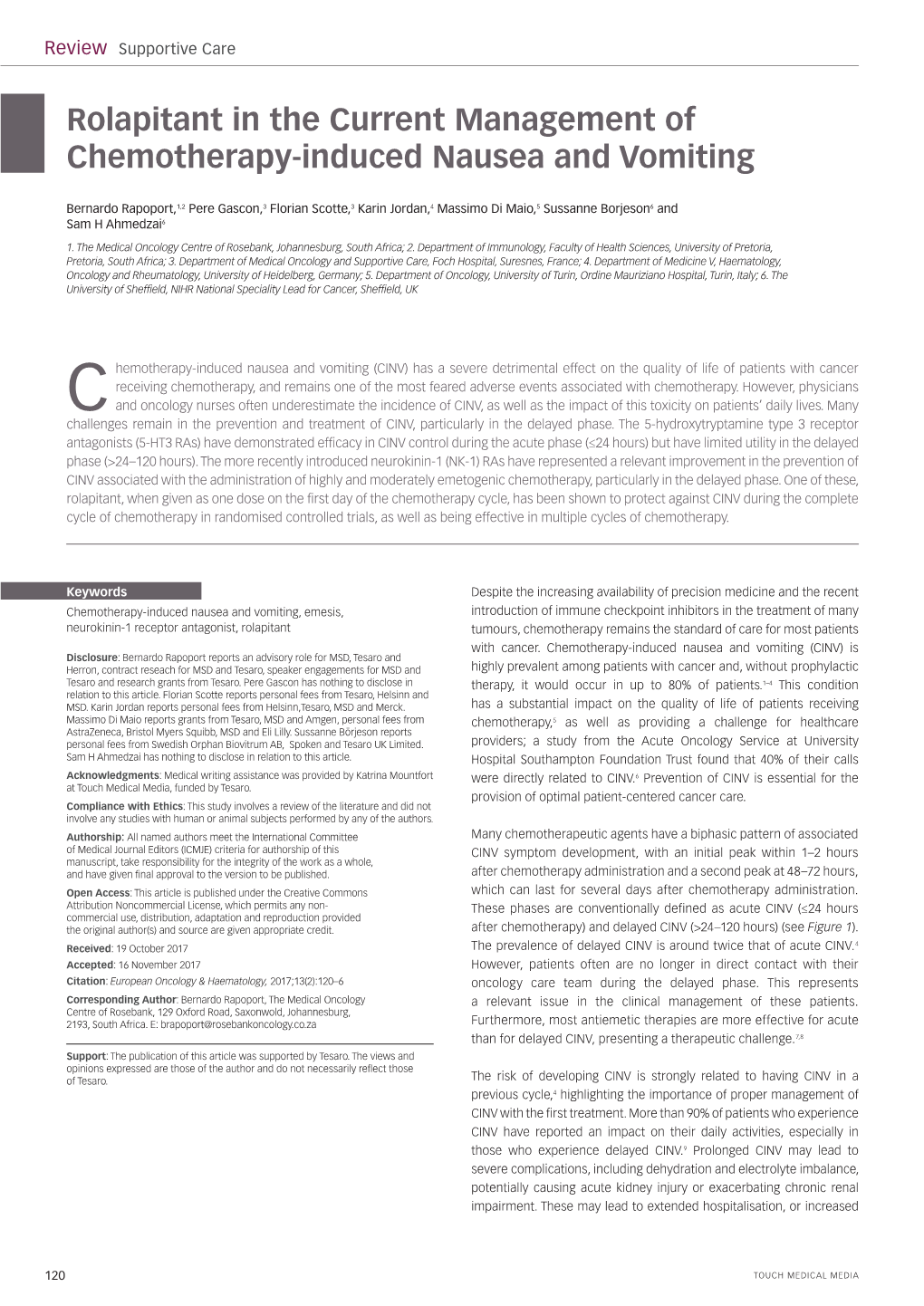 Rolapitant in the Current Management of Chemotherapy-Induced Nausea and Vomiting