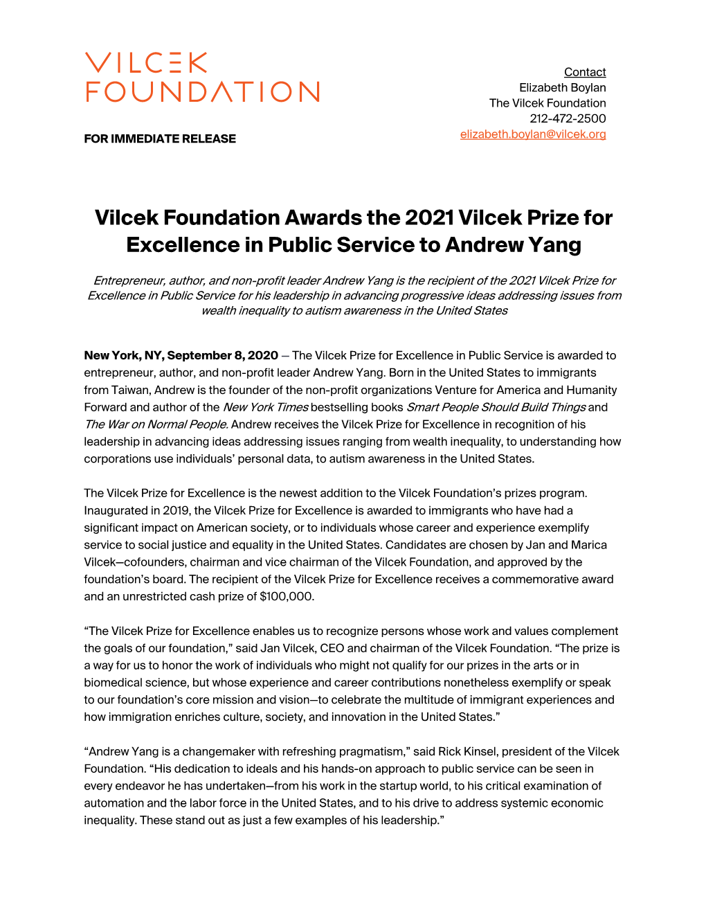 Vilcek Foundation Awards the 2021 Vilcek Prize for Excellence in Public Service to Andrew Yang