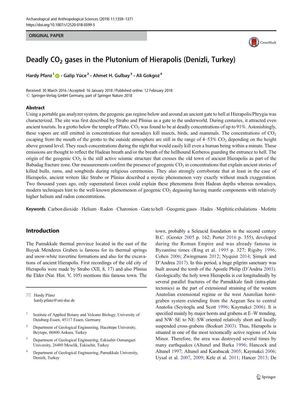 Deadly CO2 Gases in the Plutonium of Hierapolis (Denizli, Turkey)