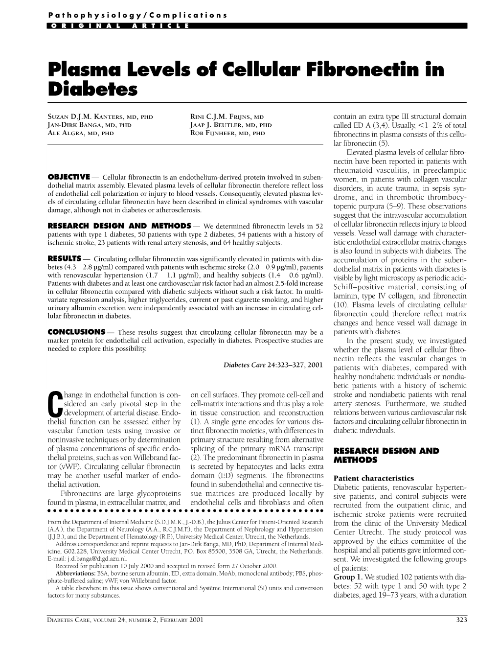 Plasma Levels of Cellular Fibronectin in Diabetes