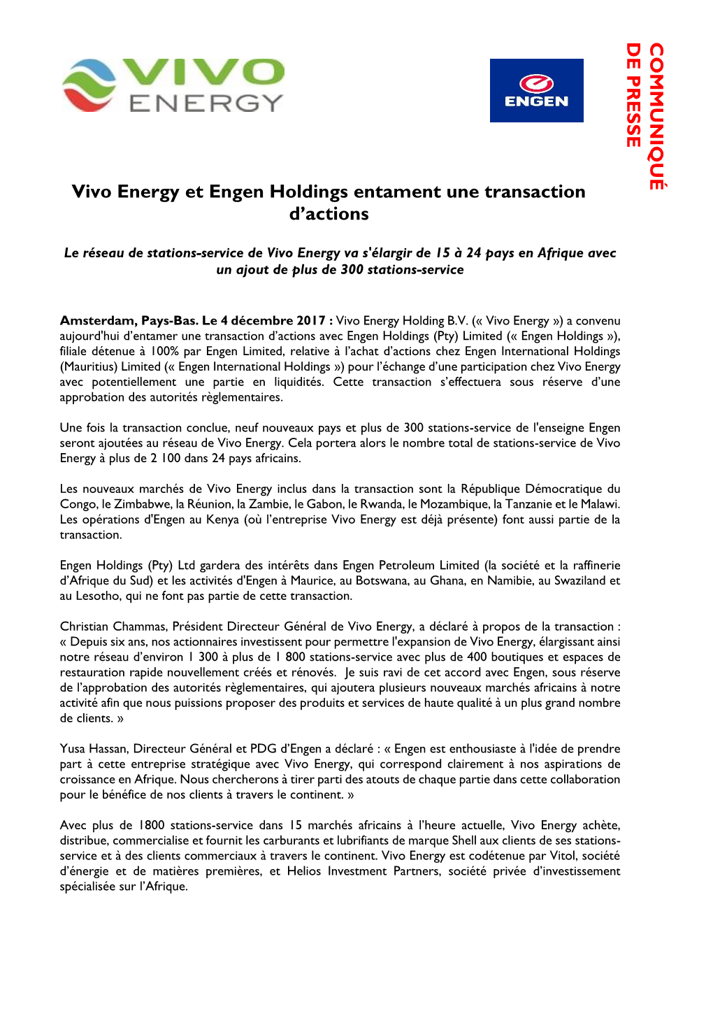 Vivo Energy Et Engen Holdings Entament Une Transaction D'actions