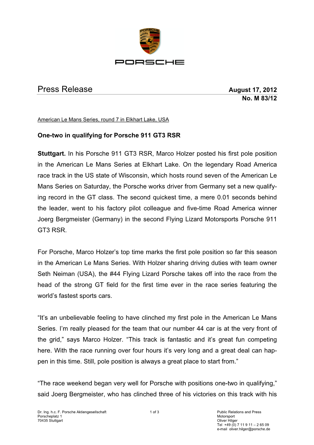 Press Release August 17, 2012 No