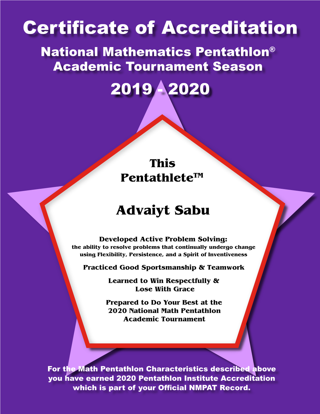 Certificate of Accreditation National Mathematics Pentathlon® Academic Tournament Season 2019 - 2020