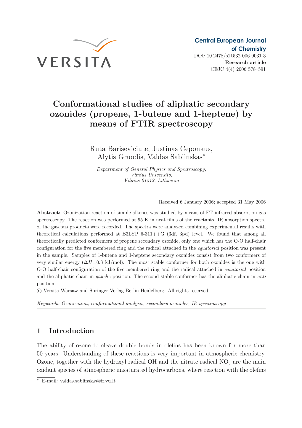 Conformational Studies of Aliphatic Secondary Ozonides (Propene, 1-Butene and 1-Heptene) by Means of FTIR Spectroscopy