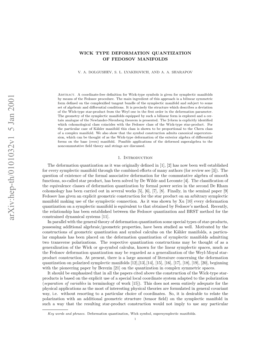 Hep-Th/0101032V1 5 Jan 2001 Uhawyta H Eutn Trpoutcntuto Ol No Would Construction Star-Product O Resulting So ﬁeld) the (Tensor Coordinates