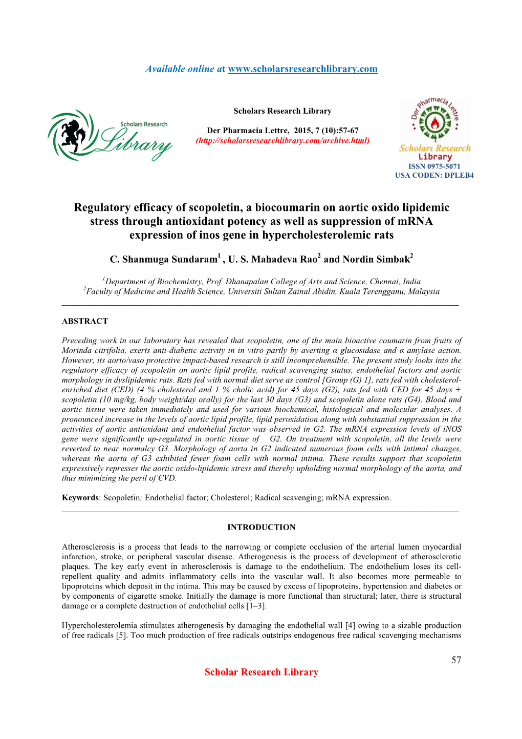 Regulatory Efficacy of Scopoletin, a Biocoumarin on Aortic Oxido