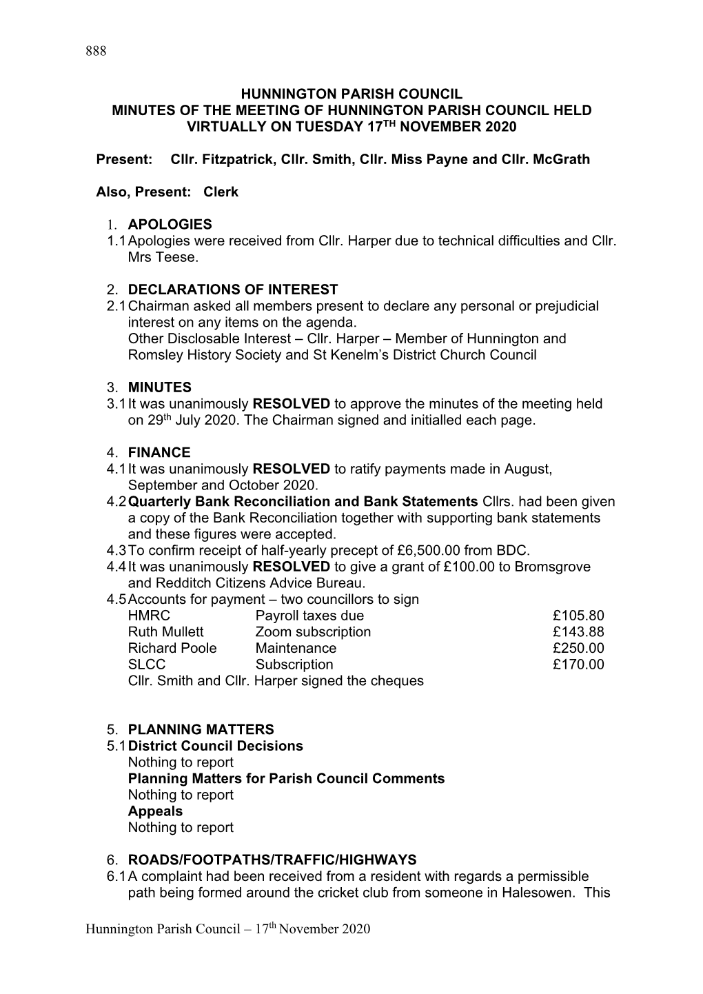 17Th November 2020 HUNNINGTON PARISH COUNCIL MINUTES of the MEETING of HUNNINGTON PARISH COUNC