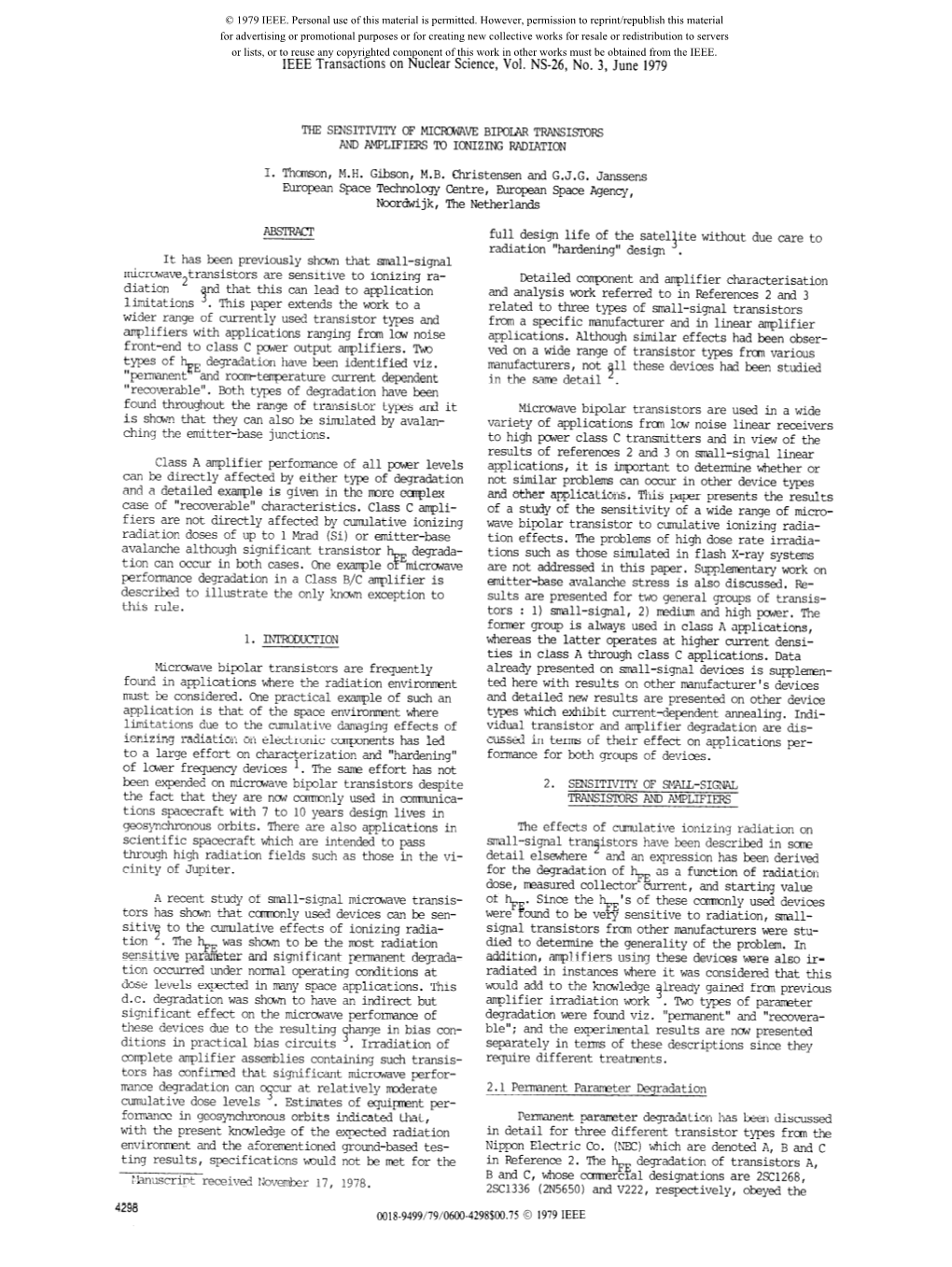 The Sensitivity of Microwave Bipolar Transistors and Amplifiers To