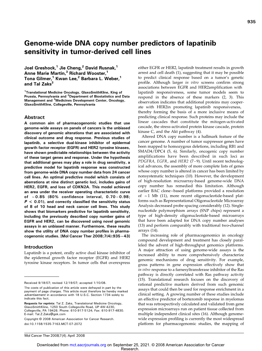 Genome-Wide DNA Copy Number Predictors of Lapatinib Sensitivity in Tumor-Derived Cell Lines