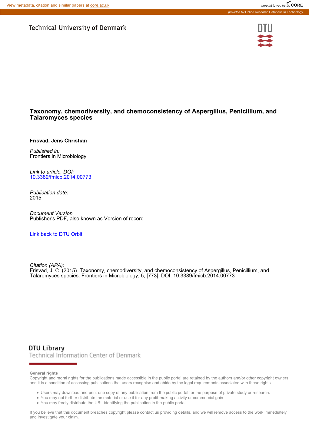 Taxonomy, Chemodiversity, and Chemoconsistency of Aspergillus, Penicillium, and Talaromyces Species