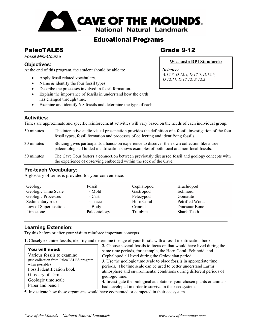 Cave of the Mounds – National Natural Landmark Paleotales Grade 9-12 Fossil Mini-Course Glossary of Terms