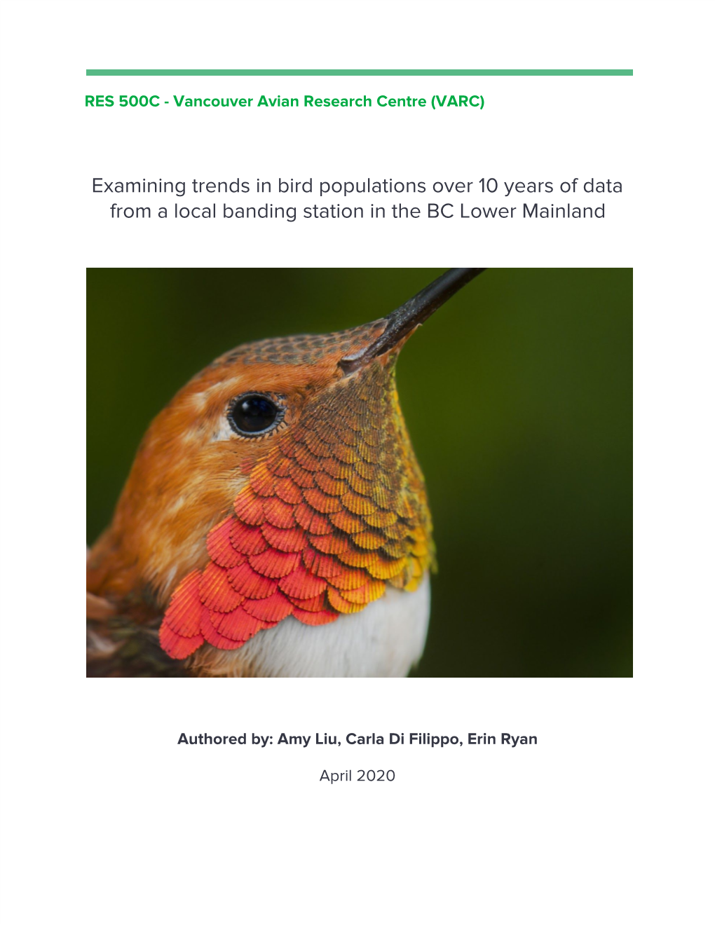 Examining Trends in Bird Populations Over 10 Years of Data from a Local Banding Station in the BC Lower Mainland