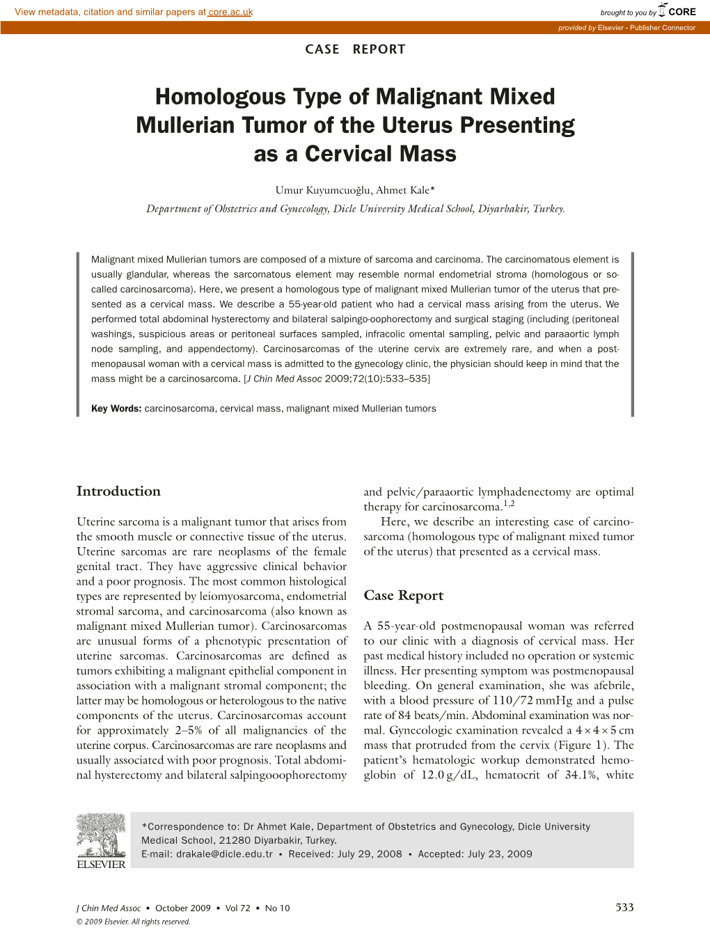 Homologous Type of Malignant Mixed Mullerian Tumor of the Uterus Presenting As a Cervical Mass