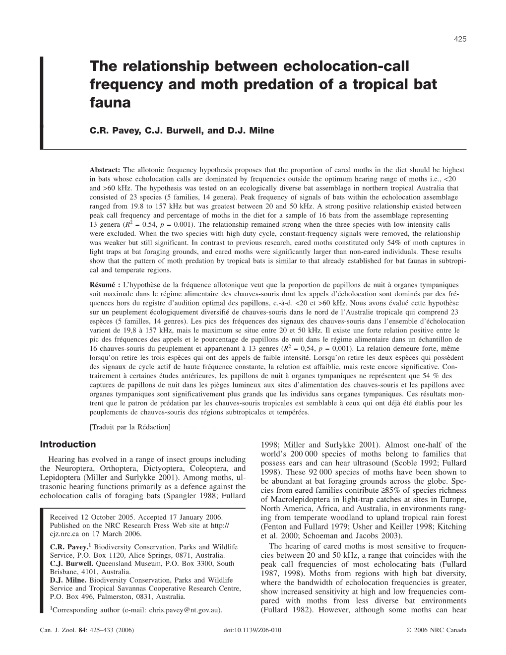 The Relationship Between Echolocation-Call Frequency and Moth Predation of a Tropical Bat Fauna