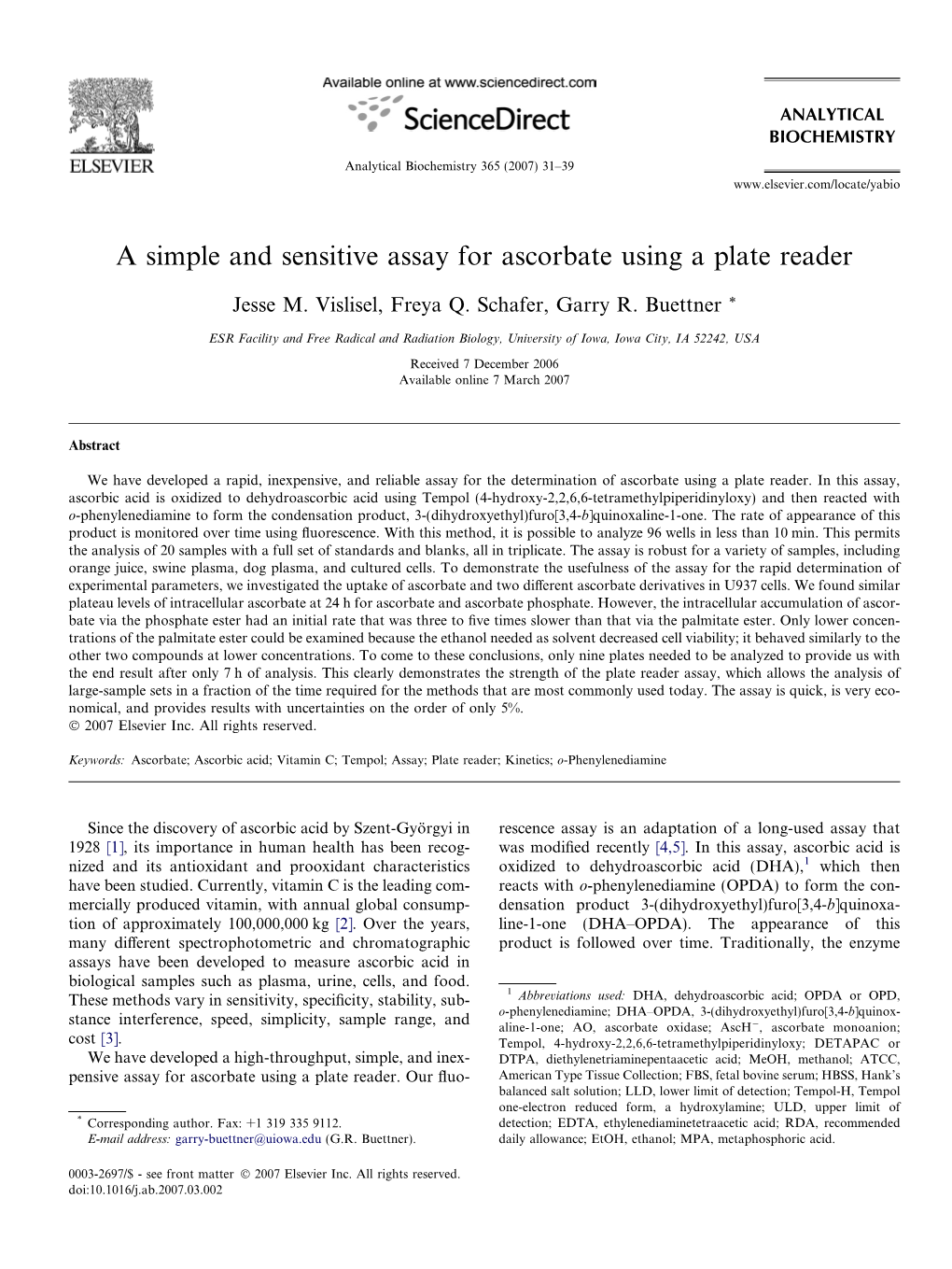 A Simple and Sensitive Assay for Ascorbate Using a Plate Reader