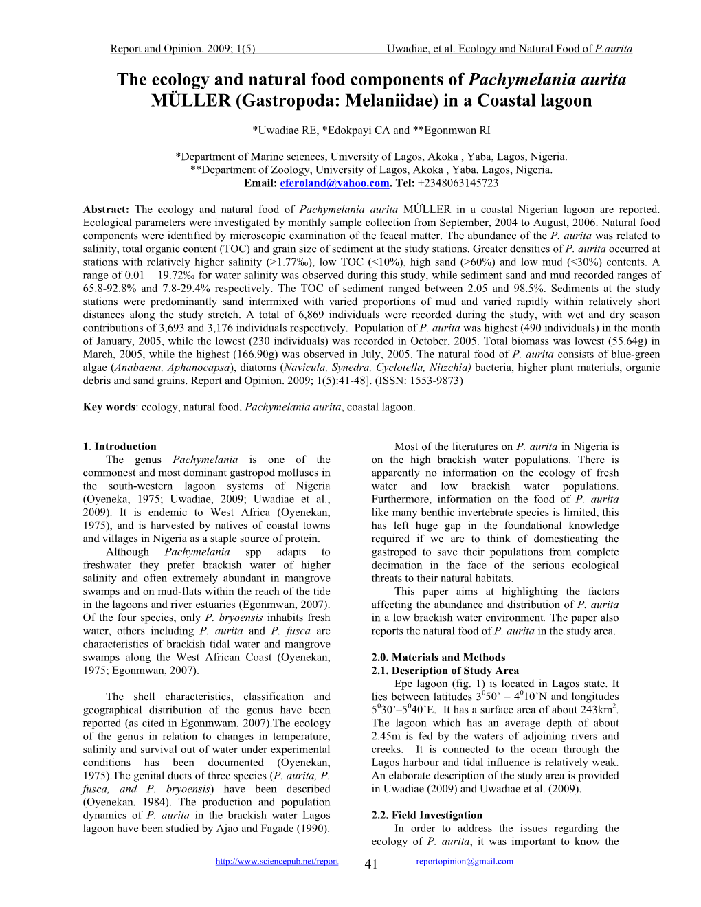 The Ecology and Natural Food Components of Pachymelania Aurita MÜLLER (Gastropoda: Melaniidae) in a Coastal Lagoon