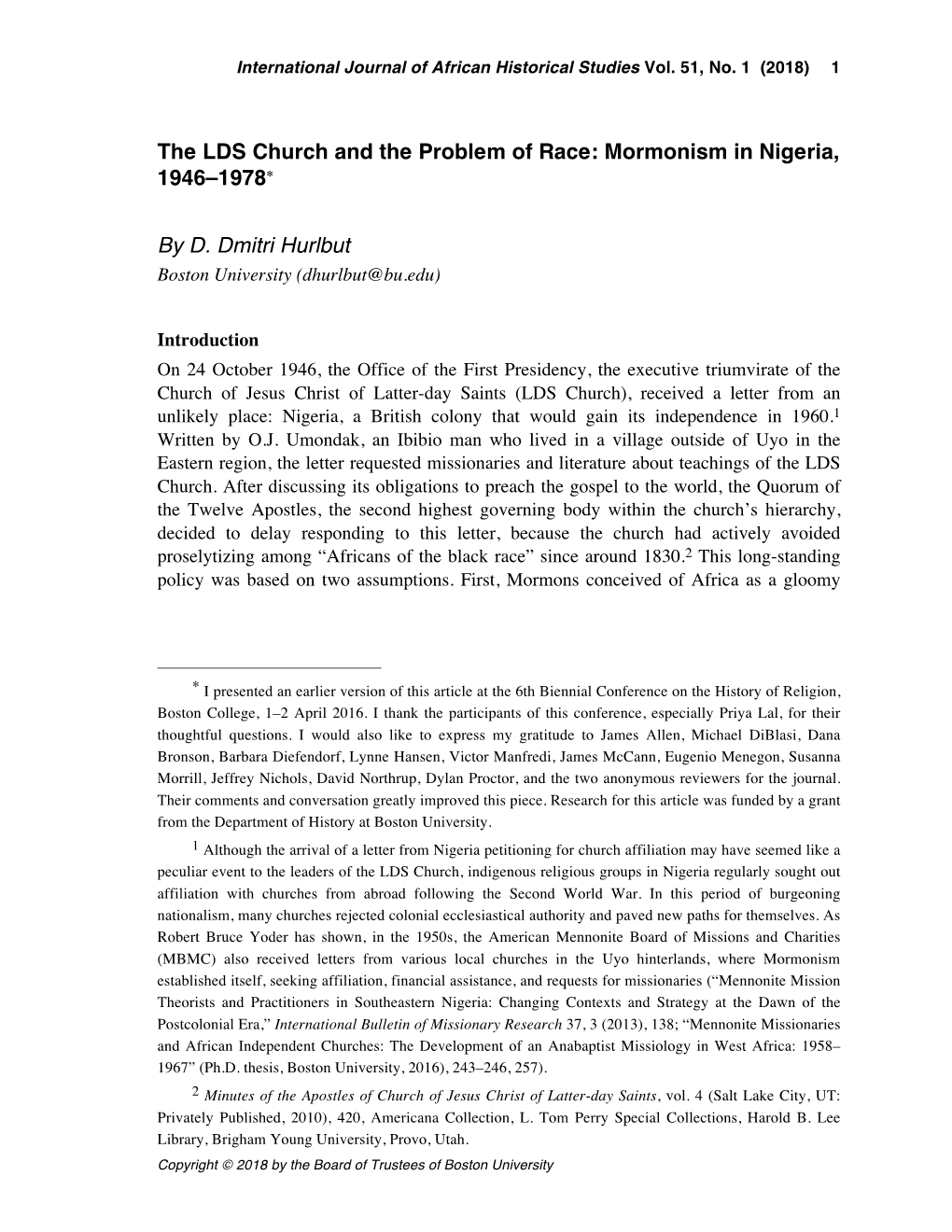 The LDS Church and the Problem of Race: Mormonism in Nigeria, 1946–1978* by D. Dmitri Hurlbut