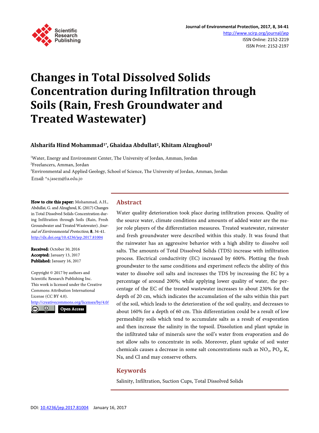 Changes in Total Dissolved Solids Concentration During Infiltration Through Soils (Rain, Fresh Groundwater and Treated Wastewater)