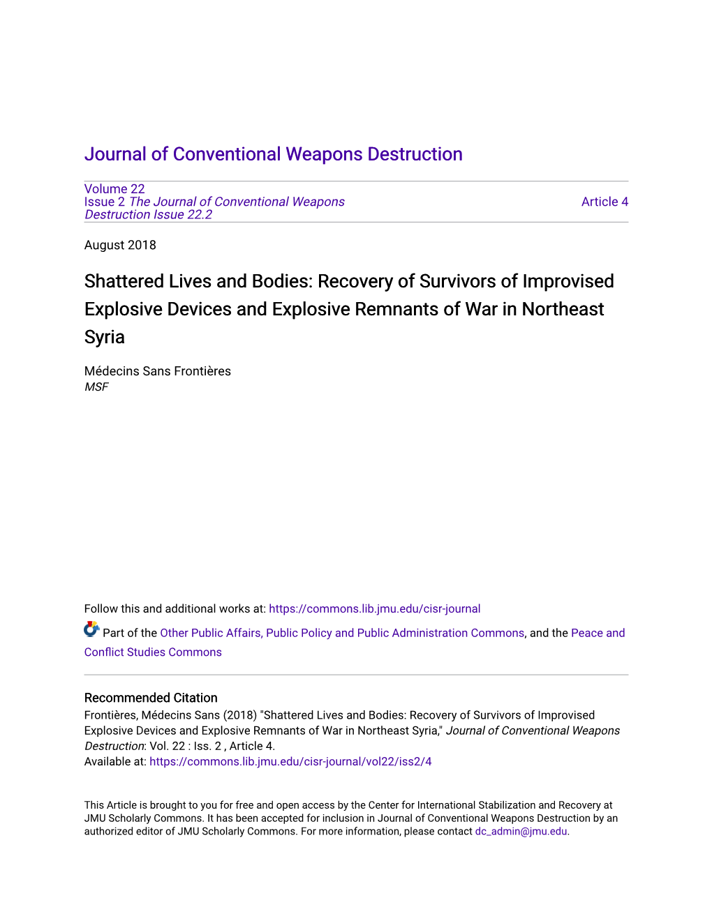 Recovery of Survivors of Improvised Explosive Devices and Explosive Remnants of War in Northeast Syria