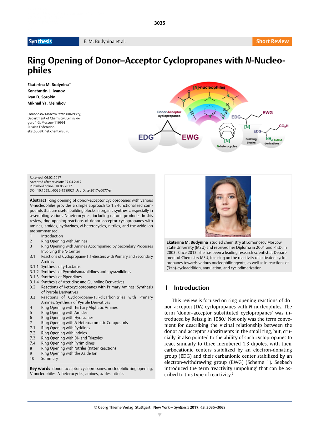 Ring Opening of Donor–Acceptor Cyclopropanes with N-Nucleo- Philes