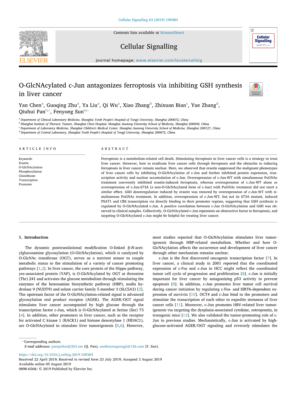 O-Glcnacylated C-Jun Antagonizes Ferroptosis Via Inhibiting GSH Synthesis in Liver Cancer T