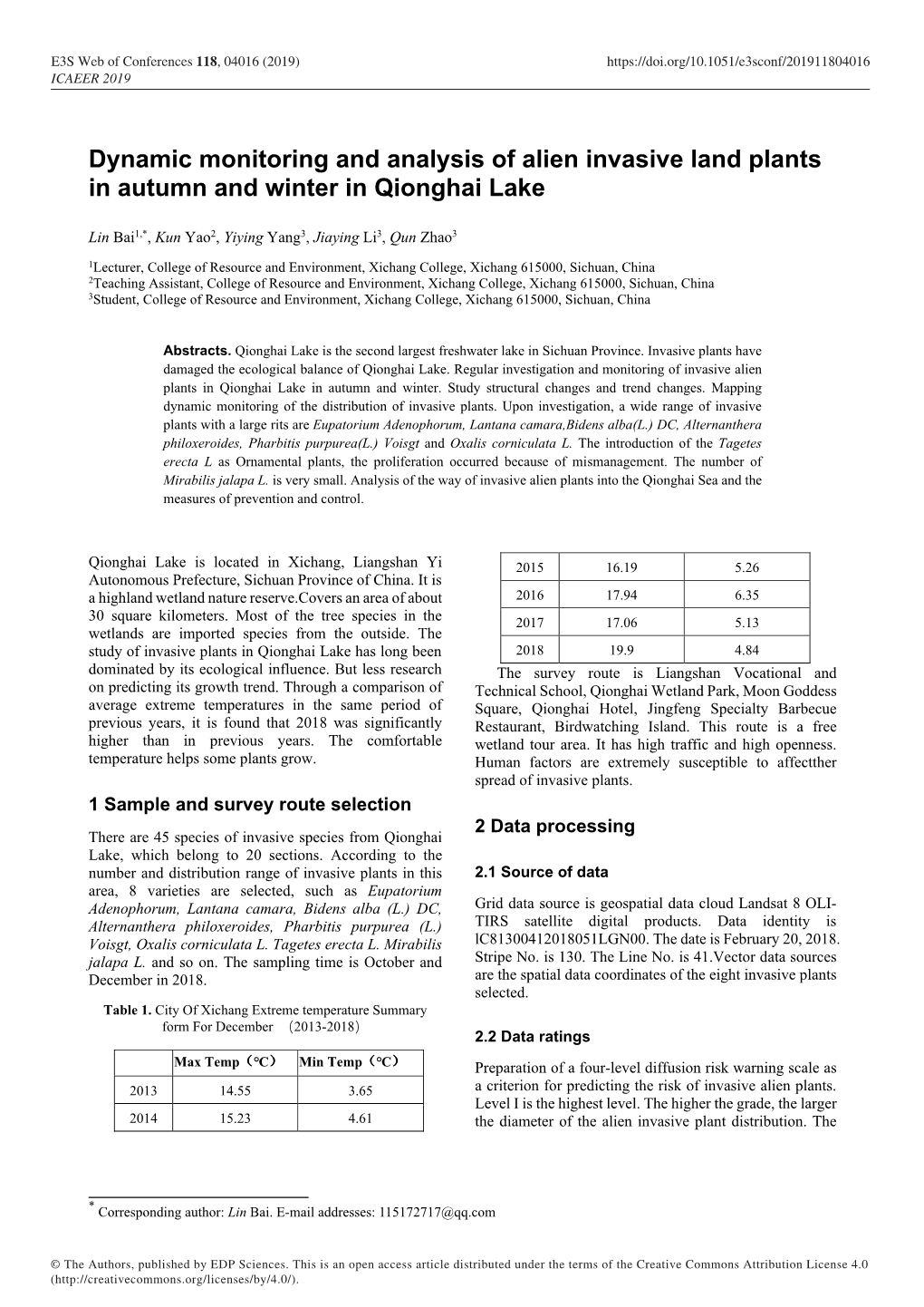 Dynamic Monitoring and Analysis of Alien Invasive Land Plants in Autumn and Winter in Qionghai Lake