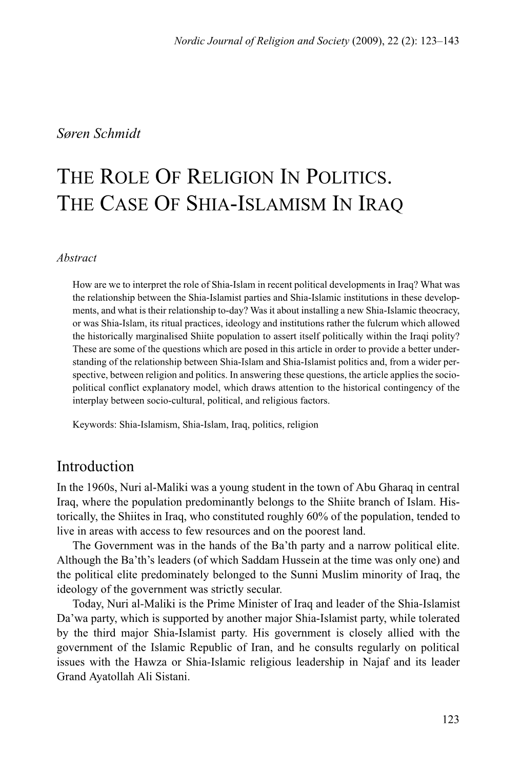 The Role of Religion in Politics. the Case of Shia-Islamism in Iraq