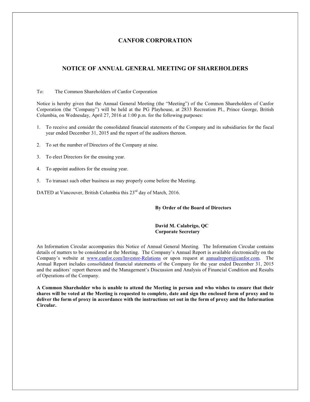 Information Circular Accompanies This Notice of Annual General Meeting